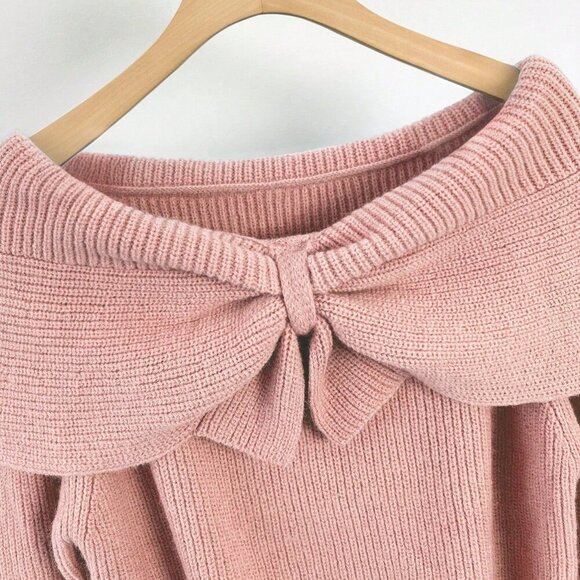 Pink Casual Women's Bow Crew Neck Long Sleeve Chunky Knit Sweater - Picture 5 of 5